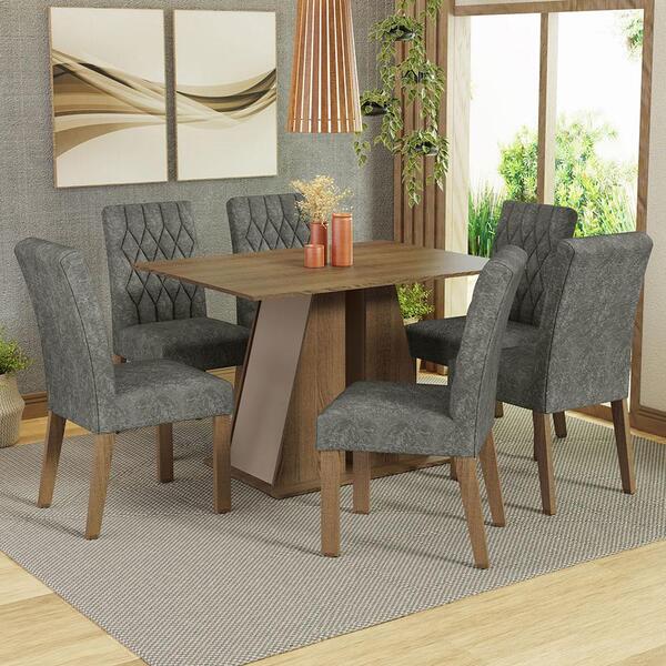 Conjunto Sala De Jantar Mesa Tampo De Madeira 6 Cadeiras Rust