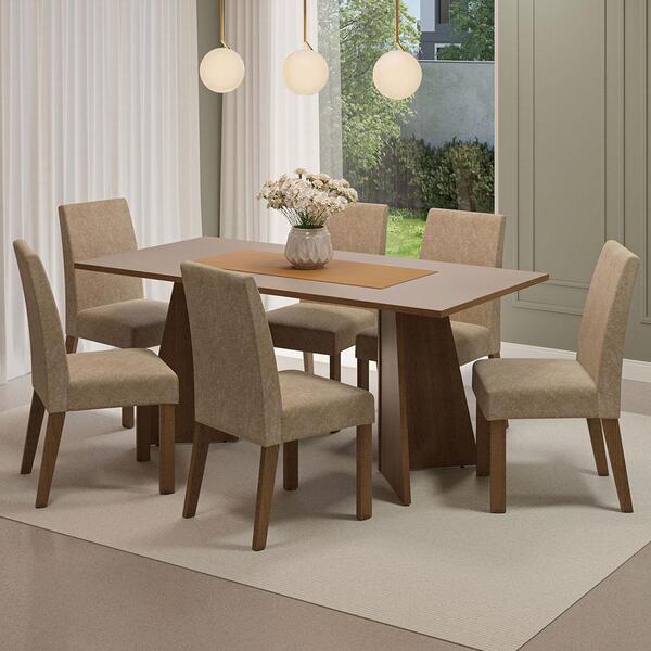 Conjunto Sala De Jantar Mesa Tampo De Madeira 6 Cadeiras Rust