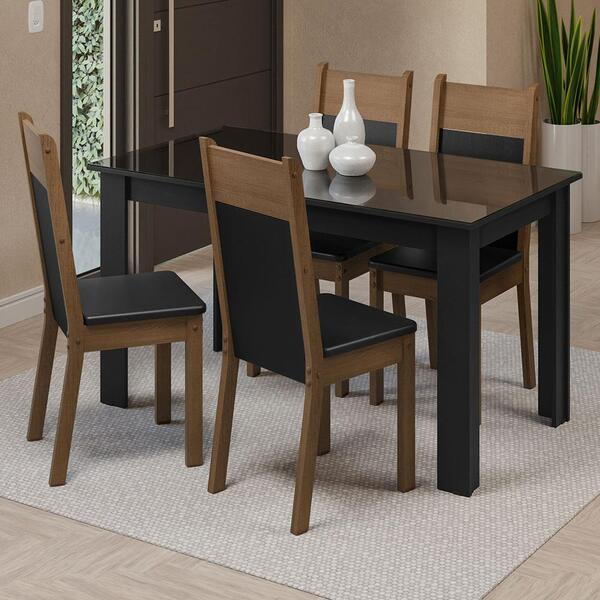 Conjunto Sala De Jantar Mesa Tampo De Vidro 4 Cadeiras Preto/