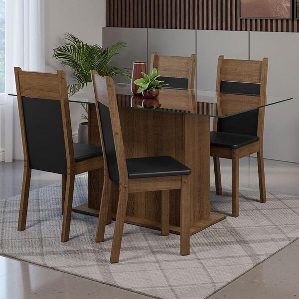 Conjunto Sala De Jantar Mesa Tampo De Vidro 4 Cadeiras Rustic