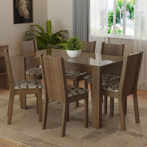 Conjunto Sala De Jantar Mesa Tampo De Vidro 6 Cadeiras Rustic