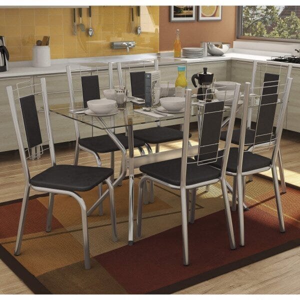 Conjunto Sala De Jantar Mesa Tampo De Vidro Retangular Loire