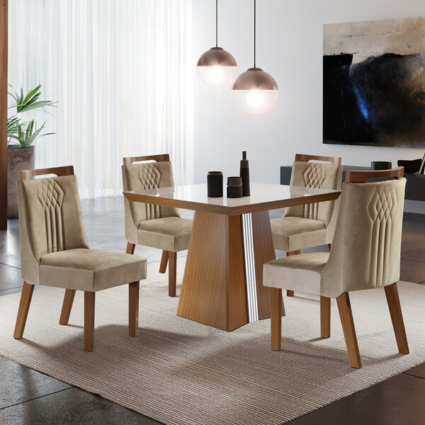Conjunto Sala De Jantar Mesa Tampo Mdf E Vidro E 4 Cadeiras D