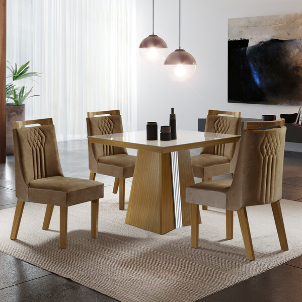 Conjunto Sala De Jantar Mesa Tampo Mdf E Vidro E 4 Cadeiras D