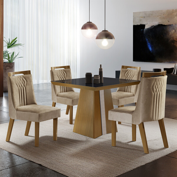 Conjunto Sala De Jantar Mesa Tampo Mdf E Vidro E 4 Cadeiras D