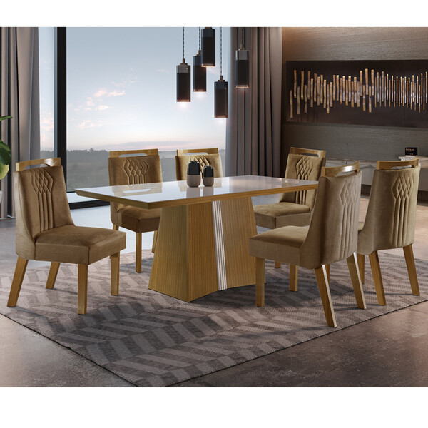 Conjunto Sala De Jantar Mesa Tampo Mdf E Vidro E 6 Cadeiras D