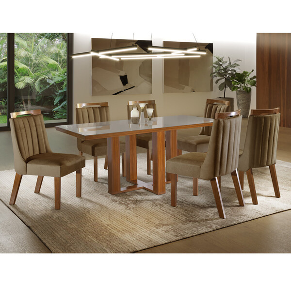 Conjunto Sala De Jantar Mesa Tampo Mdf E Vidro E 6 Cadeiras L