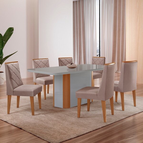 Conjunto Sala De Jantar Mesa Tampo Mdf/vidro 6 Cadeiras Ester