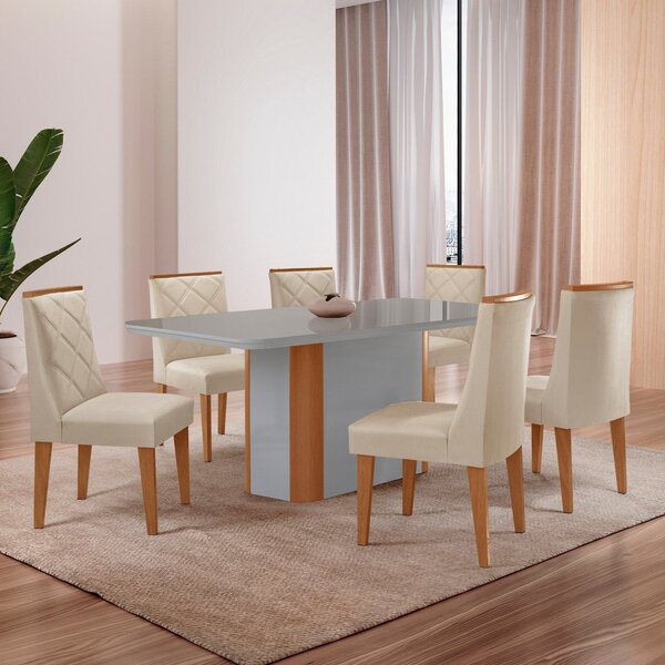 Conjunto Sala De Jantar Mesa Tampo Mdf/vidro 6 Cadeiras Ester