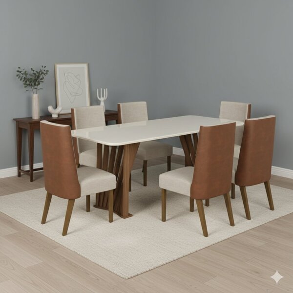 Conjunto Sala De Jantar Mesa Tampo Mdf/vidro Com 6 Cadeiras M