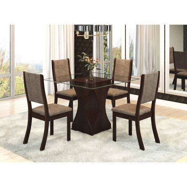 Conjunto Sala De Jantar Mesa Tampo Vidro Ciranda 4 Cadeiras K