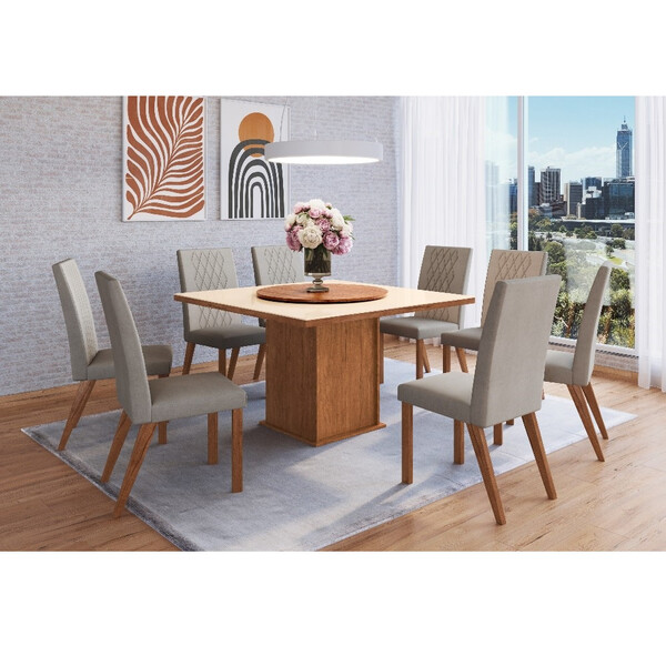 Conjunto Sala De Jantar Mesa Tampo Vidro Disco Giratório E 8