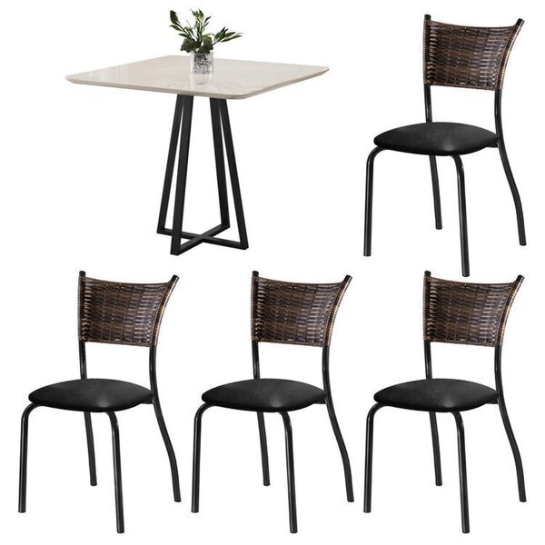 Conjunto Sala De Jantar Mesa Tampo Vidro/mdf 90x90cm Com 4 Ca