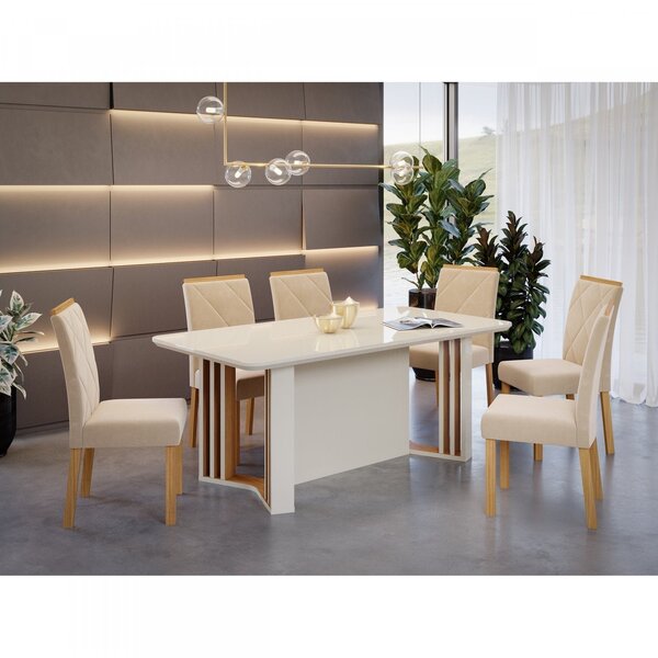 Conjunto Sala De Jantar Mesa Tampo Vidro/mdf Celine E 6 Cadei