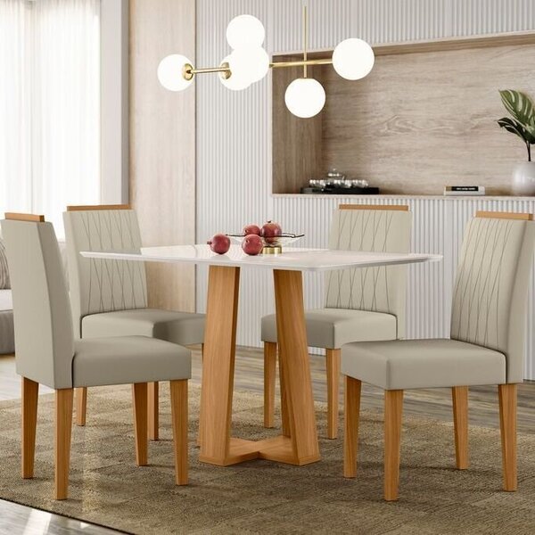 Conjunto Sala De Jantar Mesa Tampo Vidro/mdf Rubi Com 4 Cadei