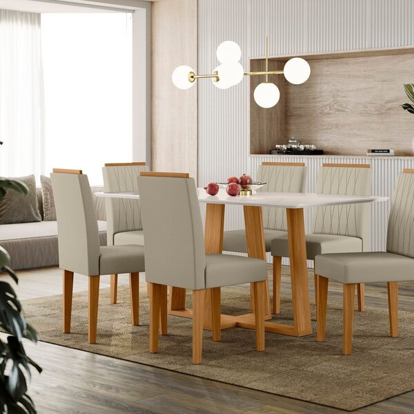 Conjunto Sala De Jantar Mesa Tampo Vidro/mdf Rubi Com 6 Cadei