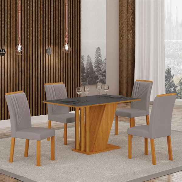 Conjunto Sala De Jantar Mesa Tampo Vidro/mdp Com 4 Cadeiras M