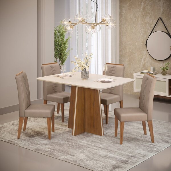 Conjunto Sala De Jantar Mesa Vanda 120x90cm Tampo Vidro/mdf C