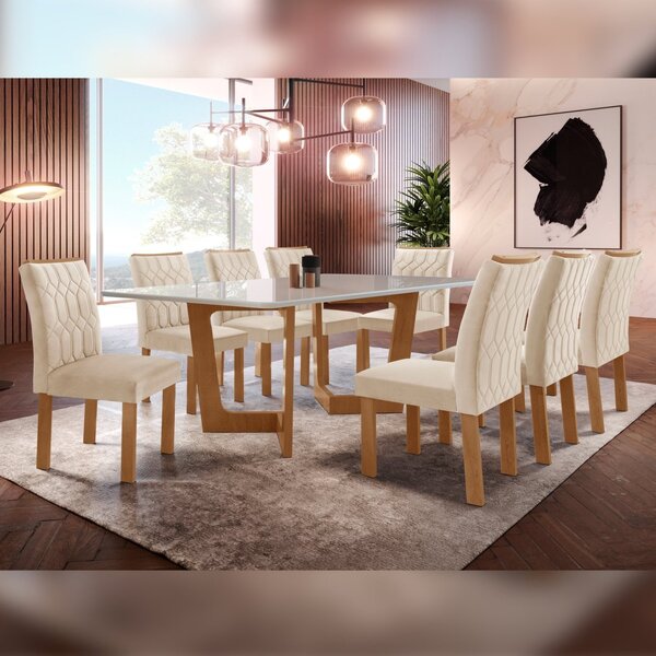 Conjunto Sala De Jantar Nápoles Tampo Vidro/mdf Com 8 Cadeira