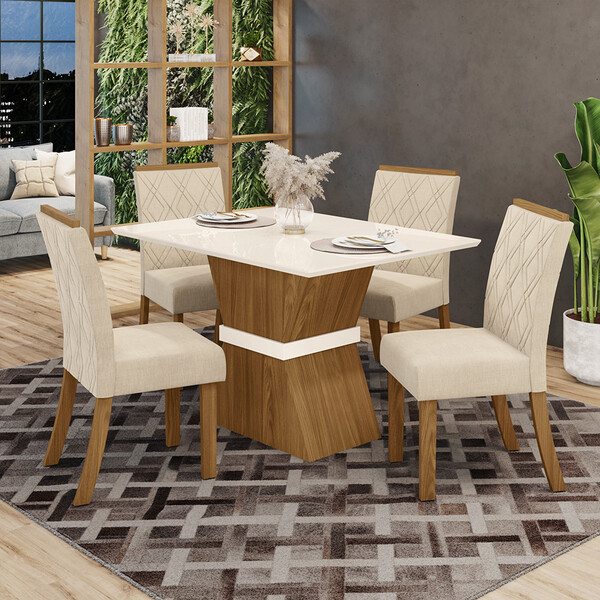 Conjunto Sala De Jantar Tampo Mdf Canto Reto 120 Cm 04 Cadeir