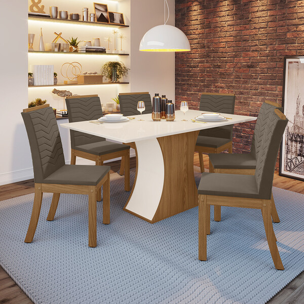 Conjunto Sala De Jantar Tampo Mdf Canto Reto 160 Cm 06 Cadeir