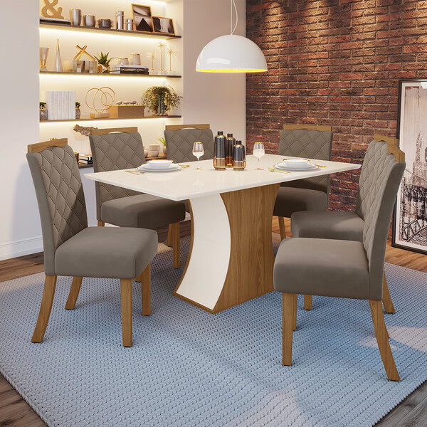 Conjunto Sala De Jantar Tampo Mdf Canto Reto 160 Cm 06 Cadeir