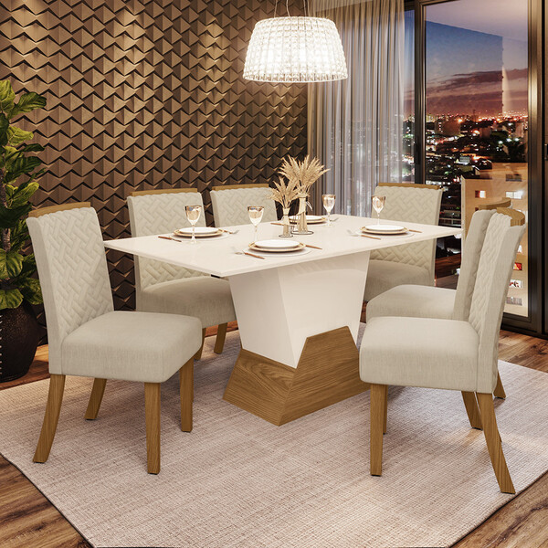 Conjunto Sala De Jantar Tampo Mdf Canto Reto 160 Cm 06 Cadeir