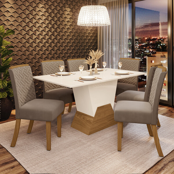 Conjunto Sala De Jantar Tampo Mdf Canto Reto 160 Cm 06 Cadeir