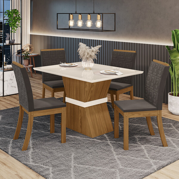 Conjunto Sala De Jantar Tampo Mdf Canto Reto Com Vidro 120 Cm