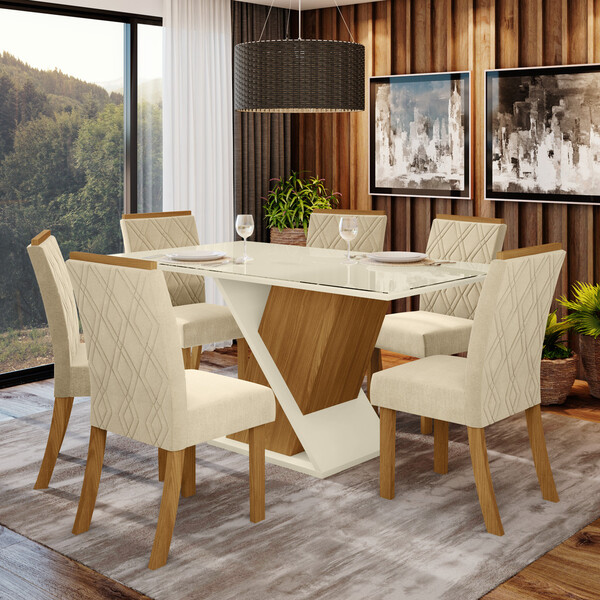 Conjunto Sala De Jantar Tampo Mdf Canto Reto Com Vidro 160 Cm