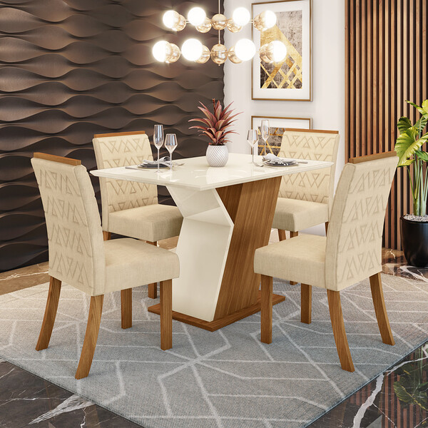 Conjunto Sala de Jantar Tampo MDF Com Vidro 120 Cm com 4 Cade