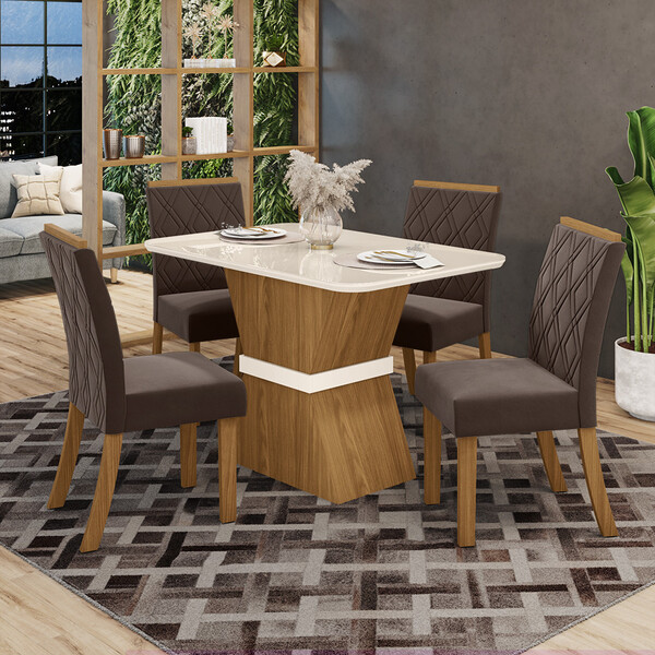 Conjunto Sala De Jantar Tampo Mdf Com Vidro Canto Arredondado