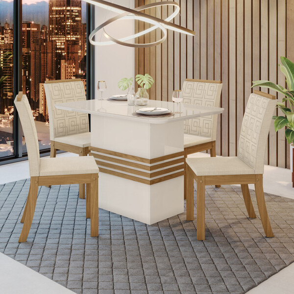 Conjunto Sala De Jantar Tampo Mdf Com Vidro Canto Arredondado