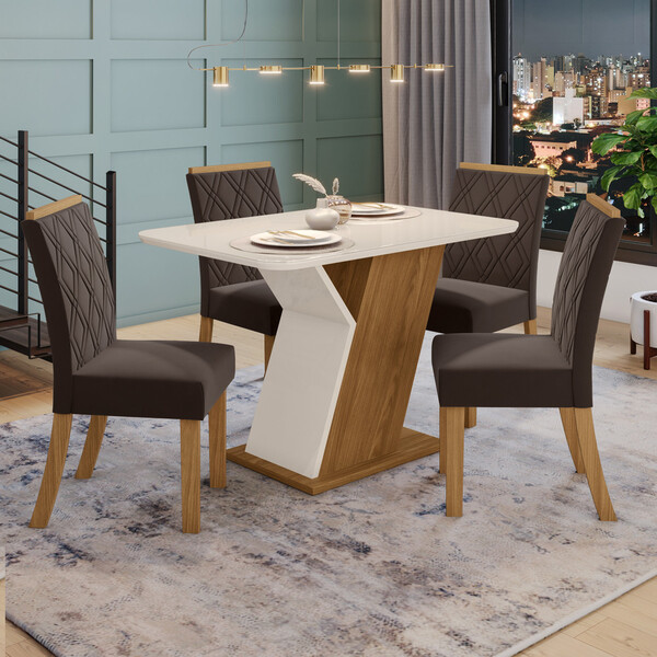 Conjunto Sala De Jantar Tampo Mdf Com Vidro Canto Arredondado