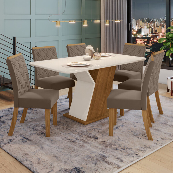 Conjunto Sala De Jantar Tampo Mdf Com Vidro Canto Arredondado