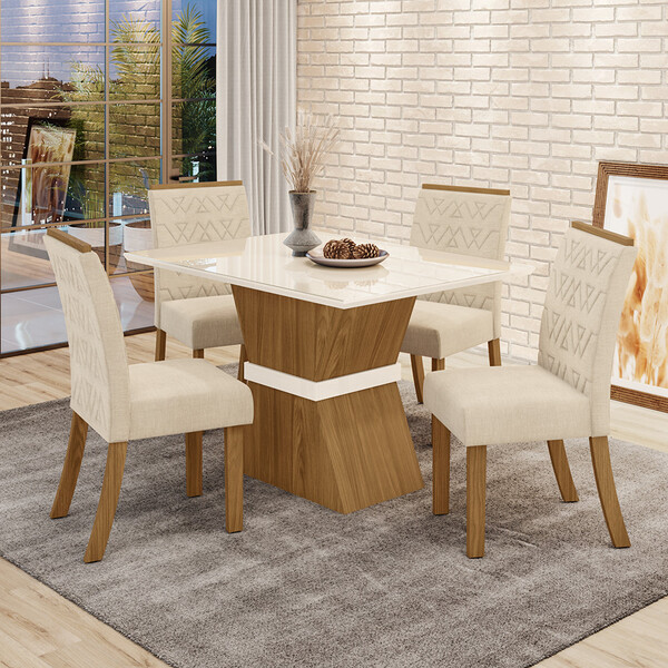 Conjunto Sala De Jantar Tampo Mdf Com Vidro Canto Reto 120 Cm