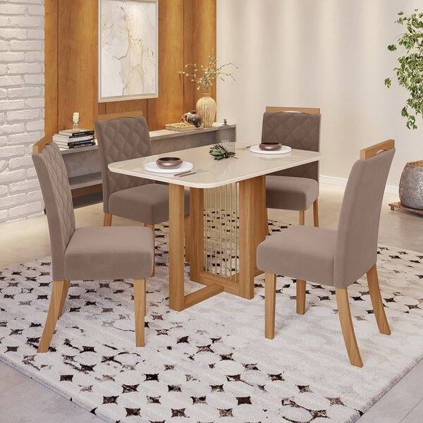 Conjunto Sala De Jantar Tampo Mdf/vidro 4 Cadeiras Marie Natu