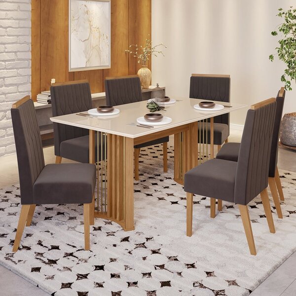 Conjunto Sala De Jantar Tampo Mdf/vidro 6 Cadeiras Eliane