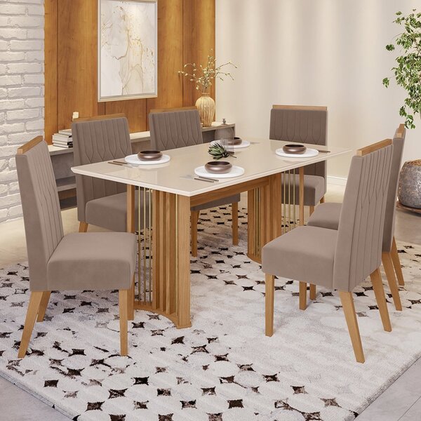 Conjunto Sala De Jantar Tampo Mdf/vidro 6 Cadeiras Eliane