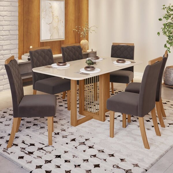 Conjunto Sala De Jantar Tampo Mdf/vidro 6 Cadeiras Marie Espr
