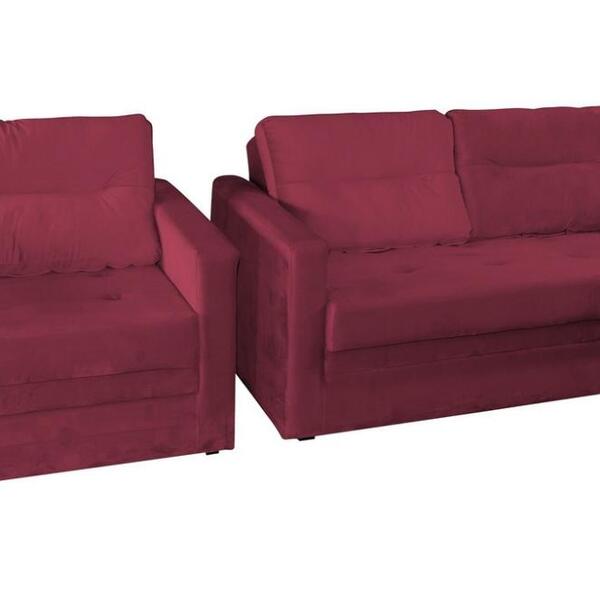 Conjunto Sofá Cama Marissol 2 E 1 Lugares - Vinho Veludo