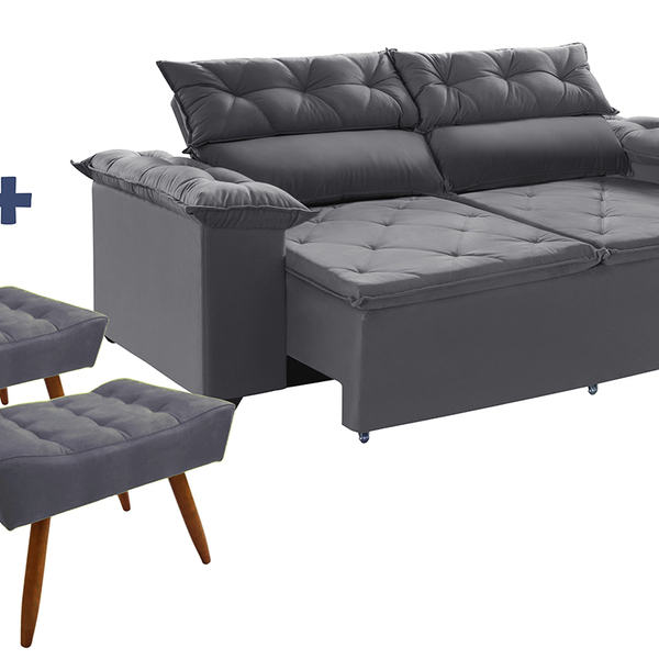 Conjunto Sofá Compact 200 Cm Molas Espirais Com 2 Puffs Cinza