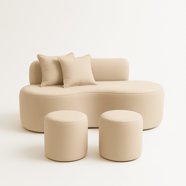 Conjunto Sofá Curvo Orgânico + 2puffs Nature Gaia Boucle Bege