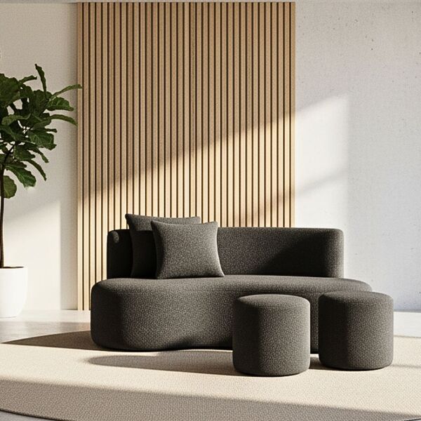Conjunto Sofá Curvo Orgânico + 2puffs Nature Gaia Boucle Cinz