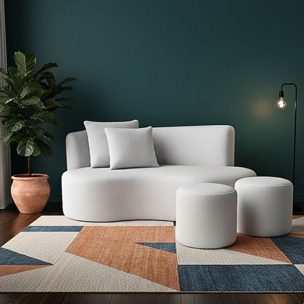 Conjunto Sofá Curvo Orgânico + 2puffs Nature Gaia Boucle Cinz