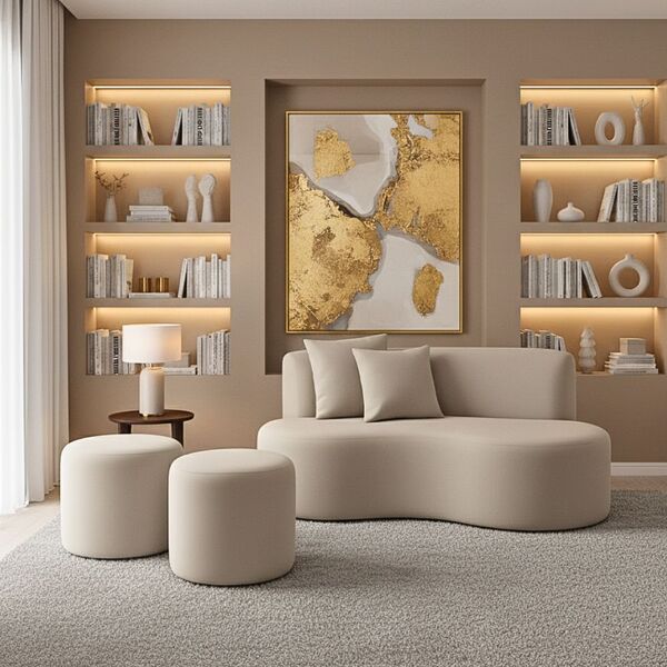 Conjunto Sofá Curvo Orgânico + 2puffs Nature Gaia Suede Bege