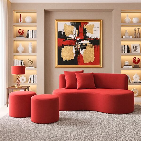 Conjunto Sofá Curvo Orgânico + 2puffs Nature Gaia Suede - Mon