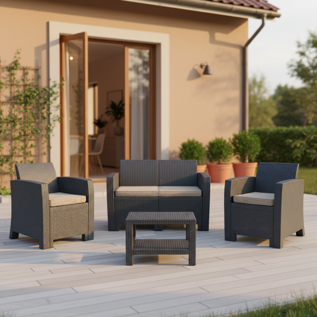Conjunto para Jardim com Sofá, Poltrona e Mesa de Centro 4 Lugares Rattan Chumbo Valentina Aquaplas