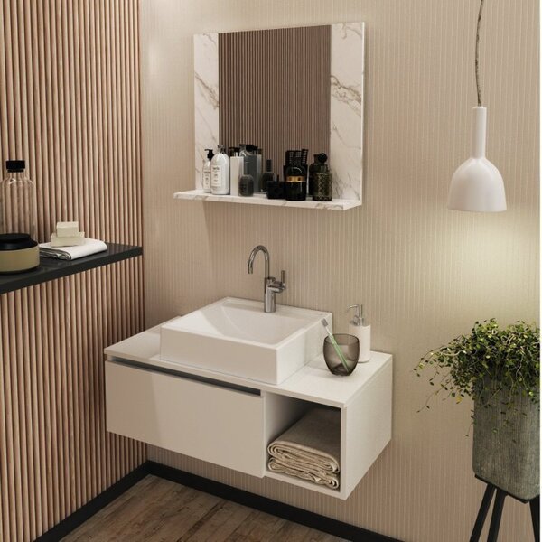Conjunto Suspenso Para Banheiro Com Espelheira 80cm Branco/ma