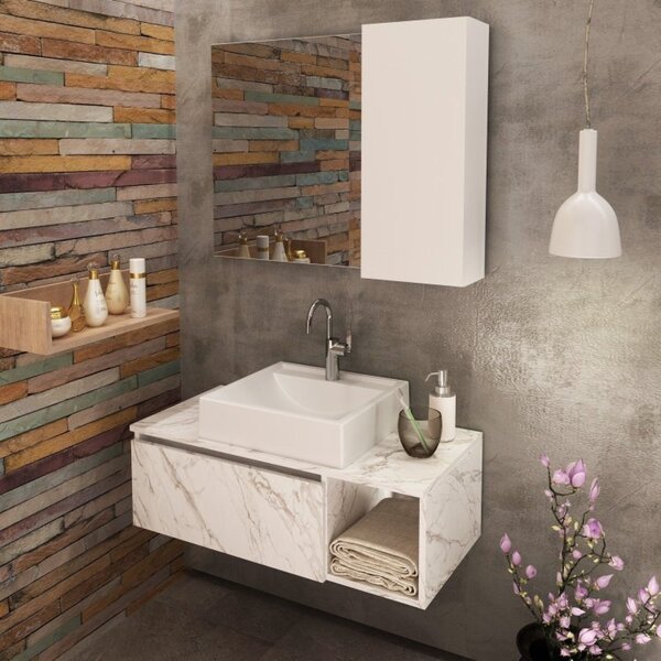 Conjunto Suspenso Para Banheiro Com Espelheira 80cm Branco/ma